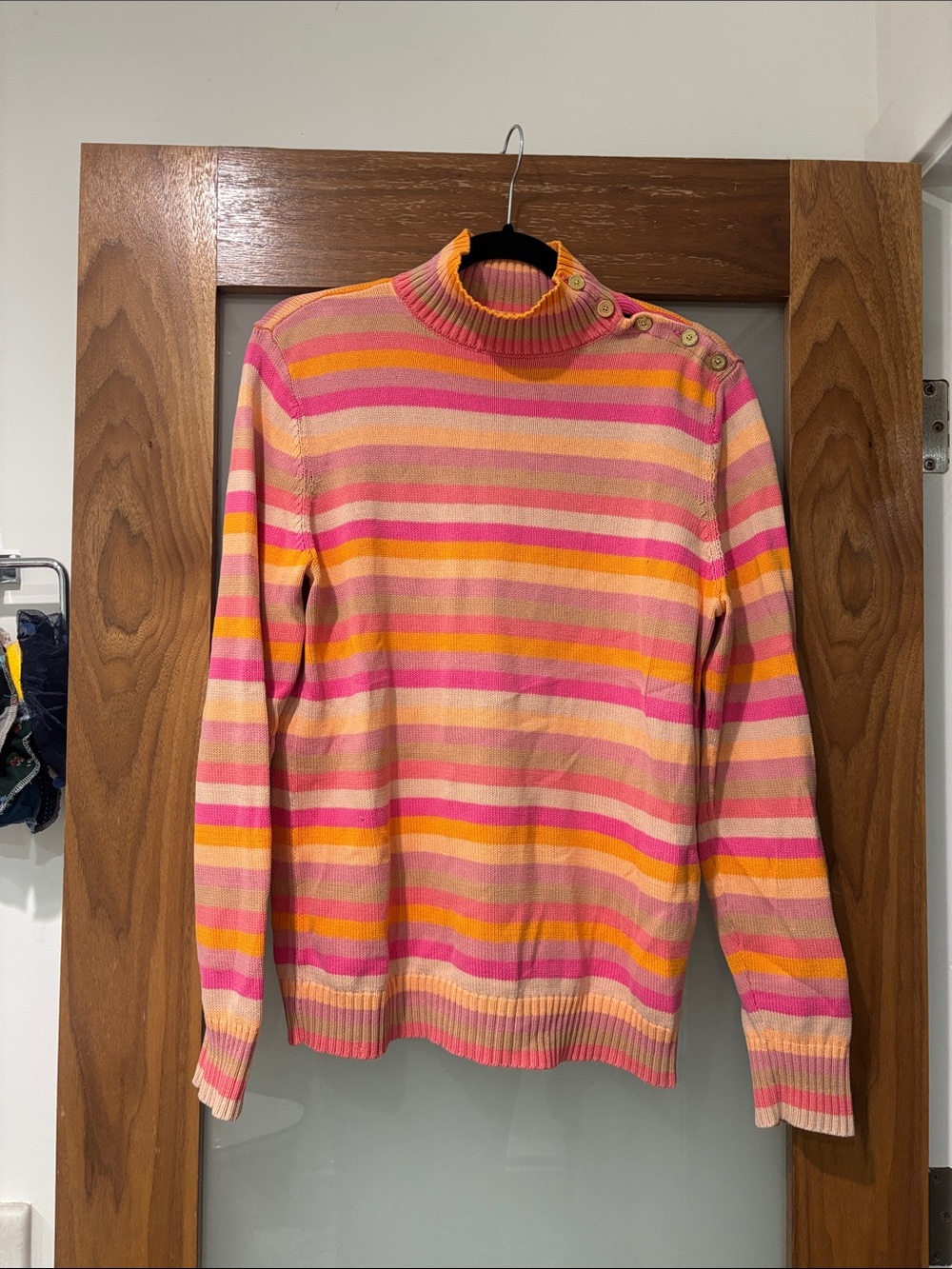 Liz Claiborne Pink, Peach & Orange Striped Turtleneck Sweater with Button Detail